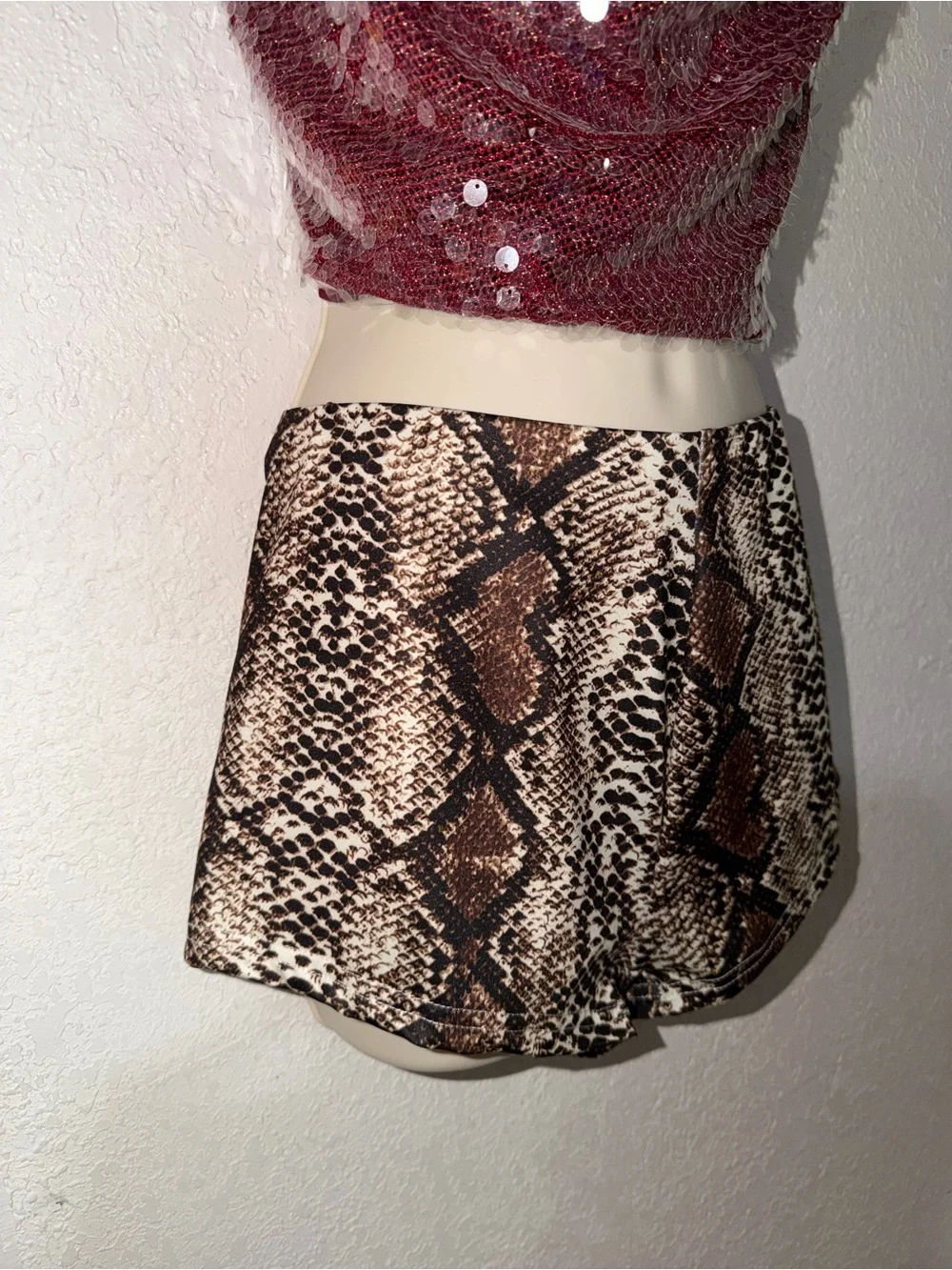 Two Piece Set Sequin Cowl Neck & Snake Skin Shorts